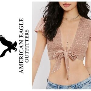 NWT AEO neutral smocked bodice tie front floral print crop top